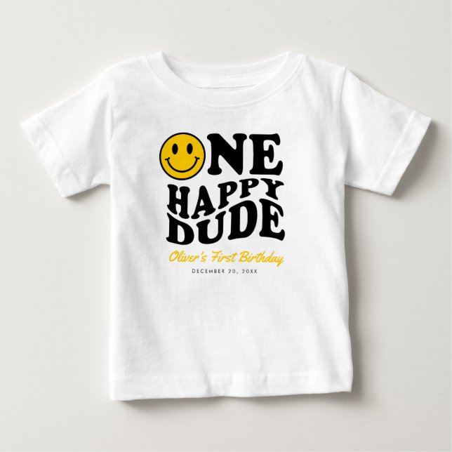One Happy Dude Custom Smile Face Boy 1st Birthday Baby T-Shirt (Front)