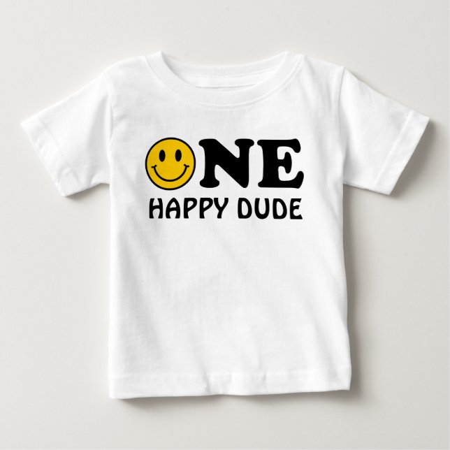 One Happy Dude Custom Yellow Smile First Birthday Baby T-Shirt (Front)