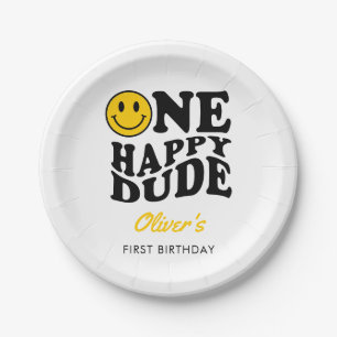 One Happy Dude Cute Retro Happy Face 1st Birthday Paper Plates