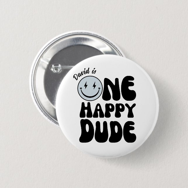 One Happy Dude First Birthday Happy Face  Button (Front & Back)