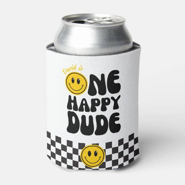 One Happy Dude First Birthday Happy Face Can Cooler (Can Front)
