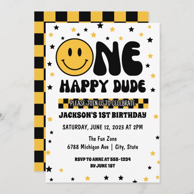 ONE Happy Dude First Birthday Invitation (Front/Back)