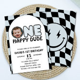 One Happy Dude Groovy Check Photo Birthday Invitation