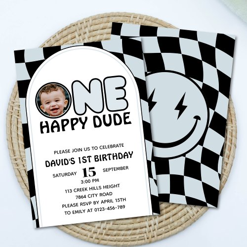 One Happy Dude Groovy Boy Photo Birthday Invitation