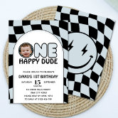 One Happy Dude Groovy Check Photo Birthday Invitation