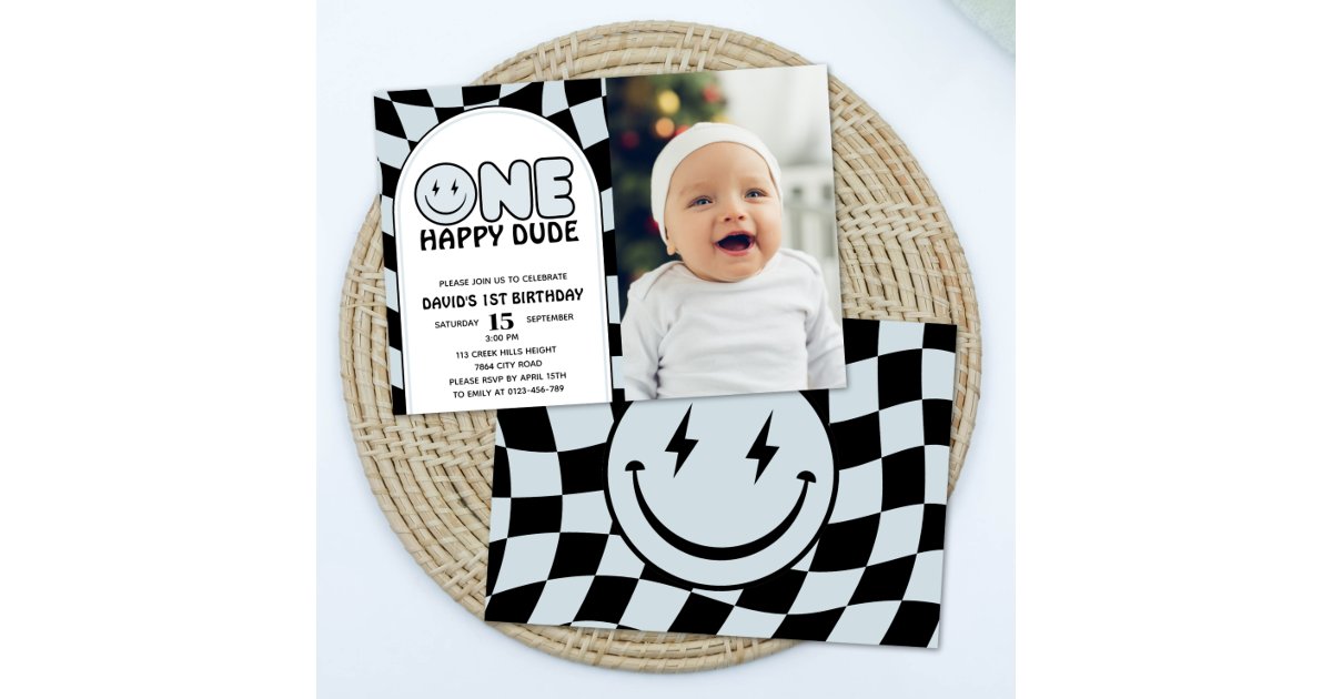 One Happy Dude Groovy Check Photo Birthday Invitation