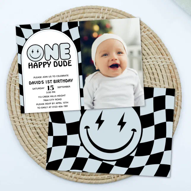 One Happy Dude Groovy Check Photo Birthday Invitation
