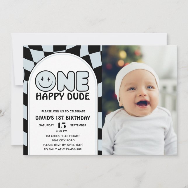One Happy Dude Groovy Check Photo Birthday Invitation