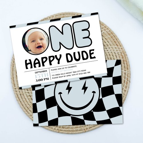 One Happy Dude Groovy Checkered Boy Birthday Photo Invitation