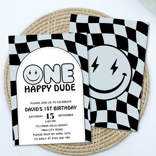 One Happy Dude Groovy Happy Face Boy Birthday Invitation