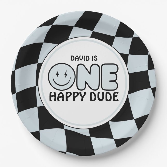 One Happy Dude Groovy Happy Face Boy Birthday Paper Plates (Front)