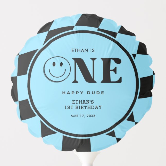 One Happy Dude Happy Face Blue Boy 1st Birthday  Balloon (Front)