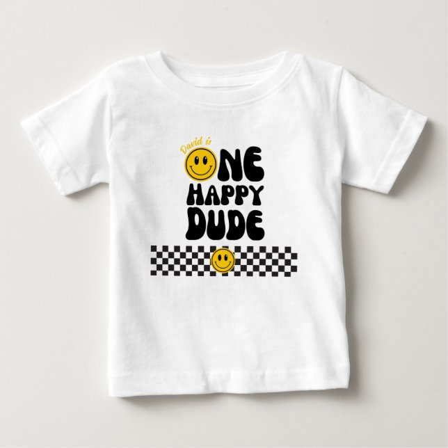 One Happy Dude Happy Face Boy 1st Birthday Baby T-Shirt (Front)