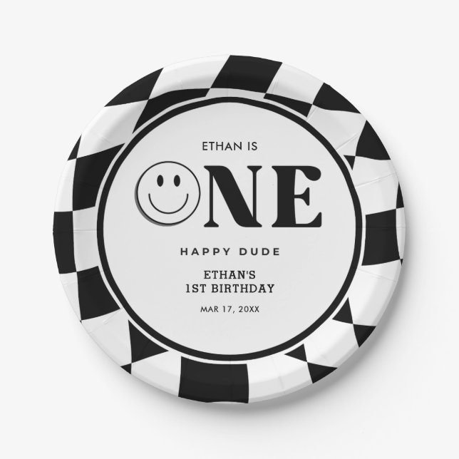 One Happy Dude Happy Face Boy 1st Birthday  Paper Plates (Front)