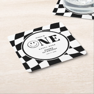 One Happy Dude Happy Face Boy 1st Birthday Square Paper Coaster