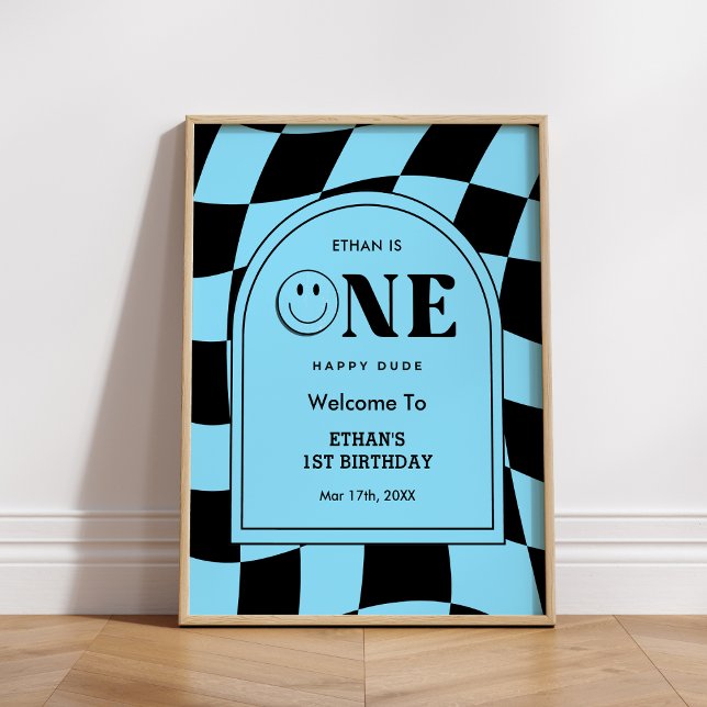 One Happy Dude Happy Face Boy 1st Birthday Welcome Poster (One Happy Dude Happy Face Boy 1st Birthday Welcome Sign )