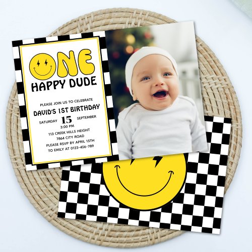 One Happy Dude Happy Face Boy Birthday Photo Invitation