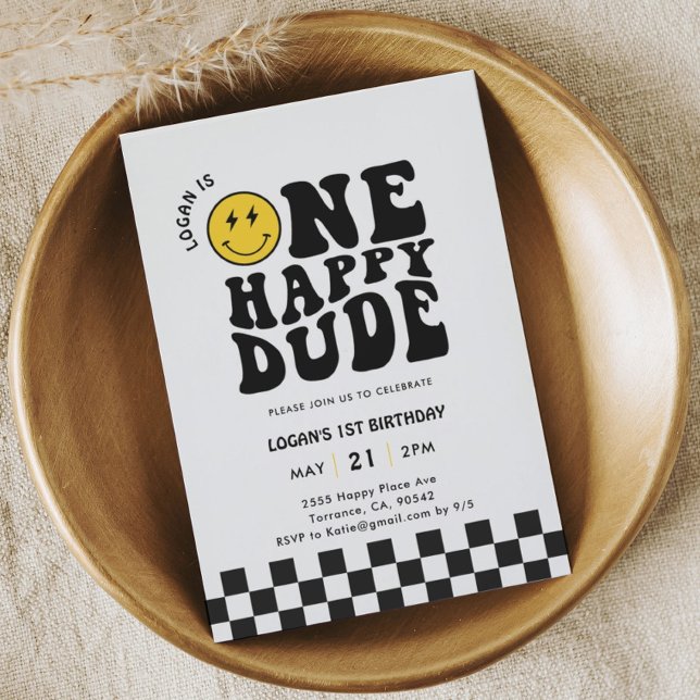 One Happy Dude Happy Face Boy First Birthday Invitation (Creator Uploaded)