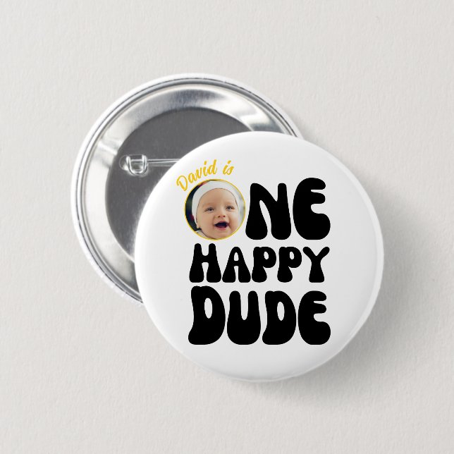 One Happy Dude Happy Face Boy Photo 1st Birthday  Button (Front & Back)