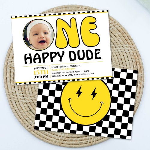 One Happy Dude Happy Face Check Boy Birthday Photo Invitation