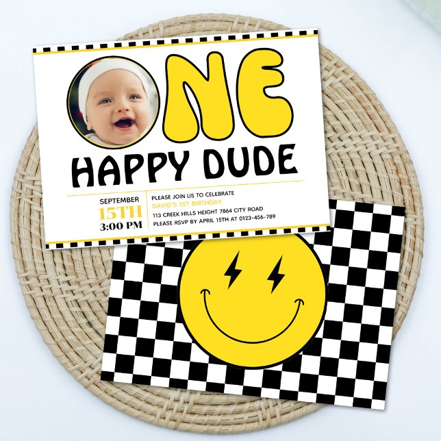 One Happy Dude Happy Face Check Boy Birthday Photo Invitation (Creator Uploaded)