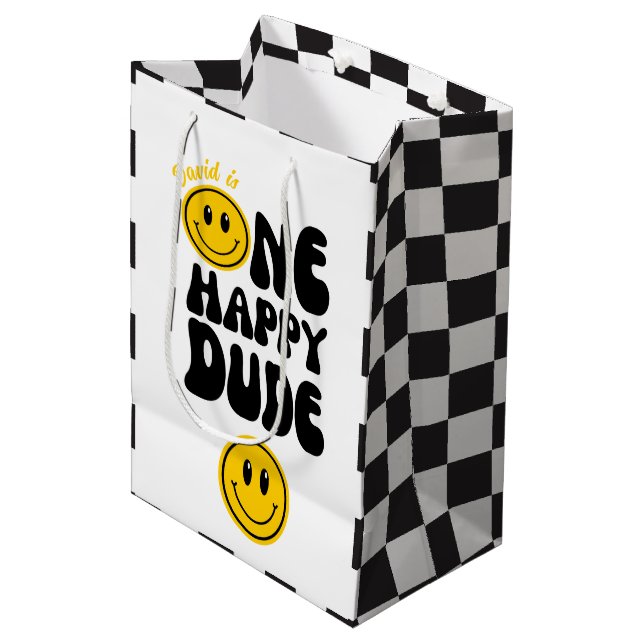 One Happy Dude Happy Face First Birthday Medium Gift Bag (Front Angled)