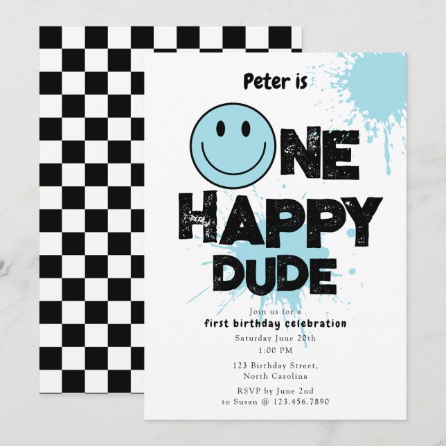 One Happy Dude Invite 1st First Birthday Boy Blue (Front/Back)