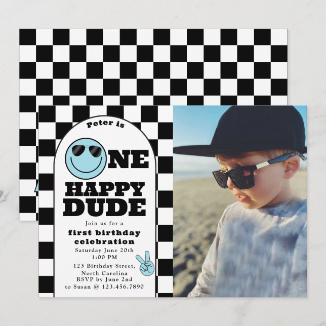One Happy Dude Invite 1st First Birthday Boy Photo (Front/Back)