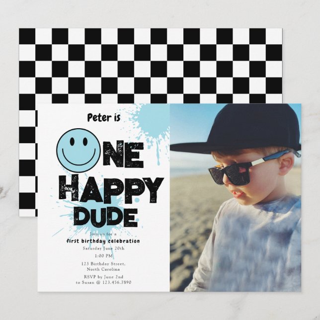 One Happy Dude Invite 1st First Birthday Boy Photo (Front/Back)
