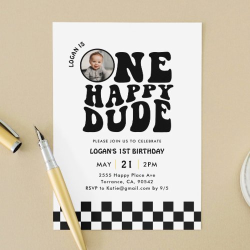 One Happy Dude Photo Boy First Birthday Invitation