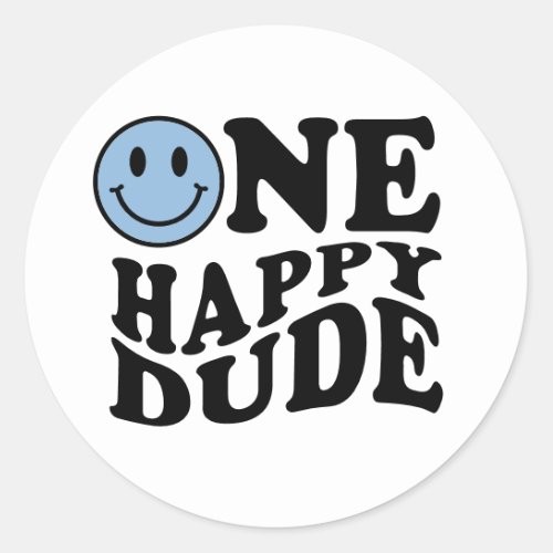 One Happy Dude Retro Blue Smile Face 1st Birthday  Classic Round Sticker