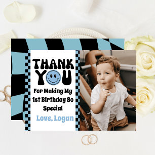 One Happy Dude Retro Boy 1st Birthday Party Photo Thank You Card