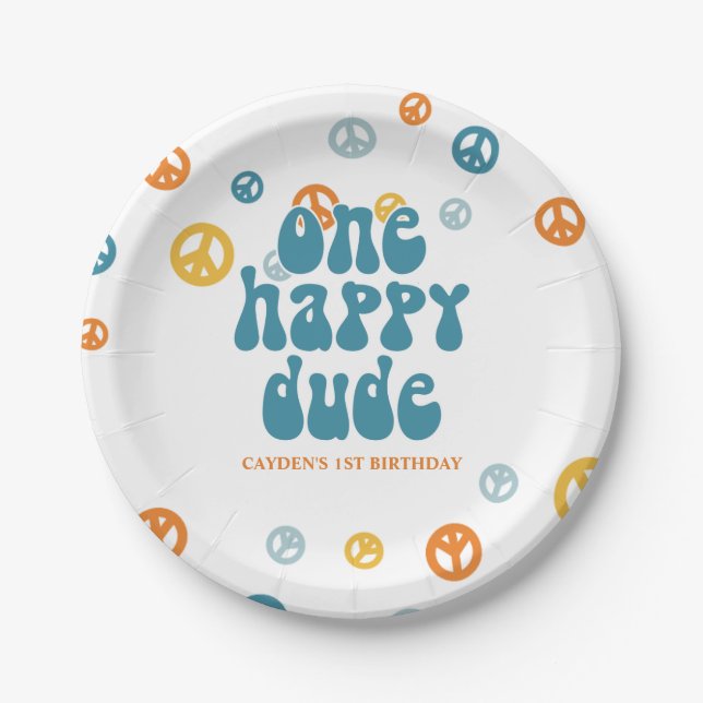 One Happy Dude Retro Boy birthday Paper Plates (Front)