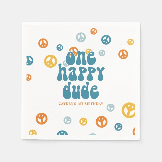 One Happy Dude Retro Boy birthday Paper Plates Napkins (Front)