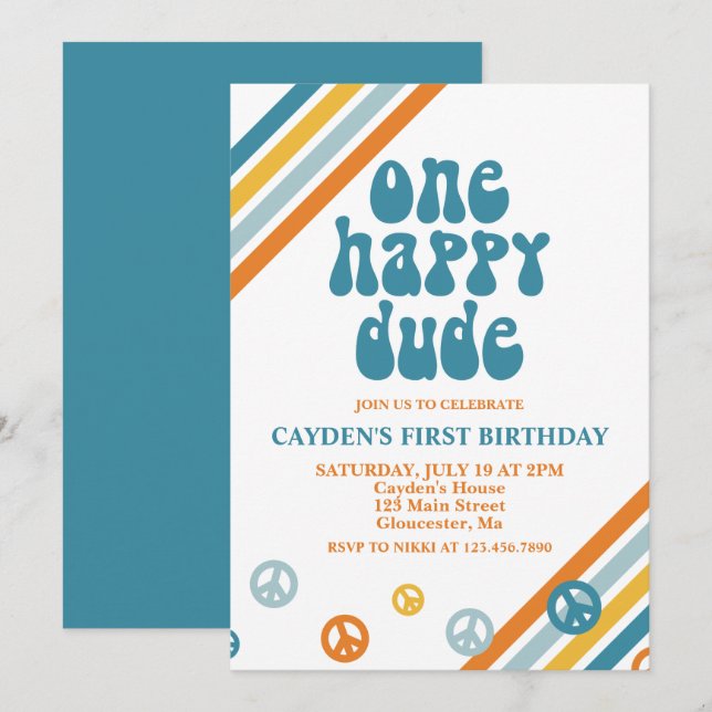 One Happy Dude Retro Boy First Birthday Invitation (Front/Back)