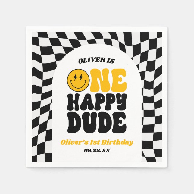 One Happy Dude Retro First 1st Birthday Party Napkins (Front)