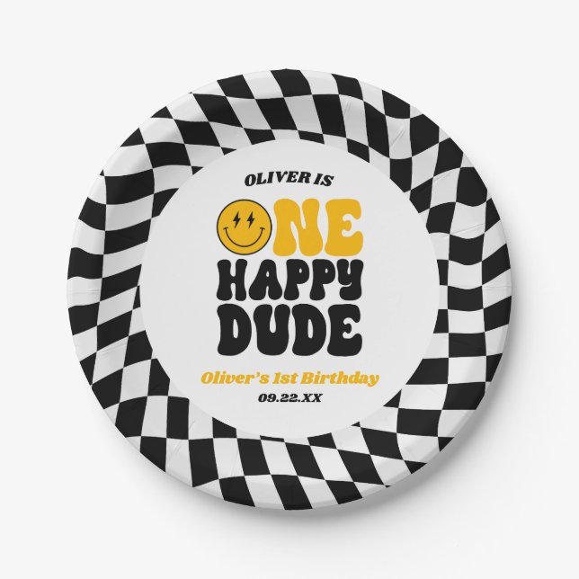 One Happy Dude Retro First 1st Birthday Party Paper Plates (Front)