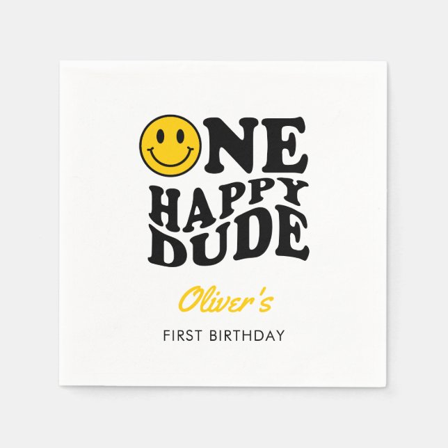One Happy Dude Retro Happy Face 1st Birthday  Napkins (Front)