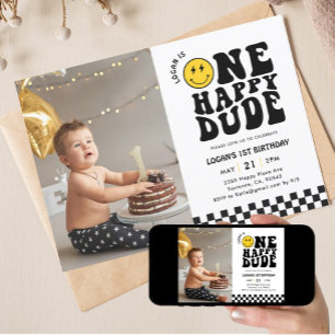 One Happy Dude Smile Face 1st Birthday Photo Invitation
