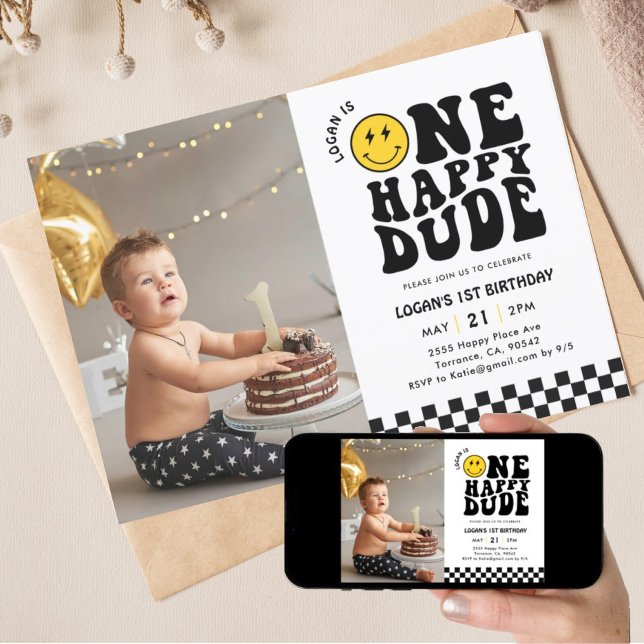 One Happy Dude Smile Face 1st Birthday Photo Invitation (Creator Uploaded)