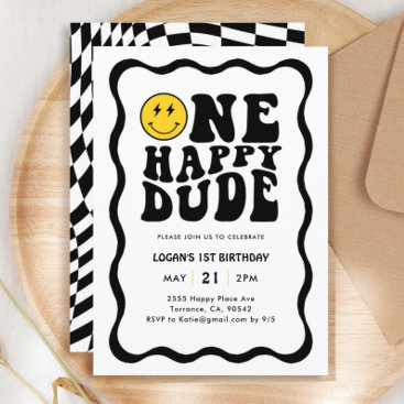 One Happy Dude Smile Face Boy 1st Birthday Invitation