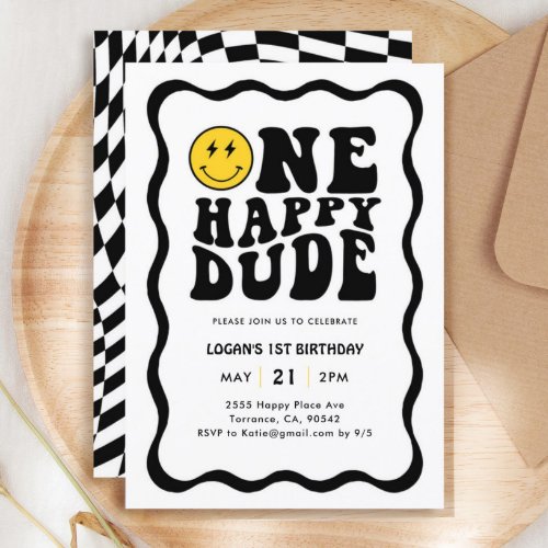 One Happy Dude Smile Face Boy 1st Birthday Invitation