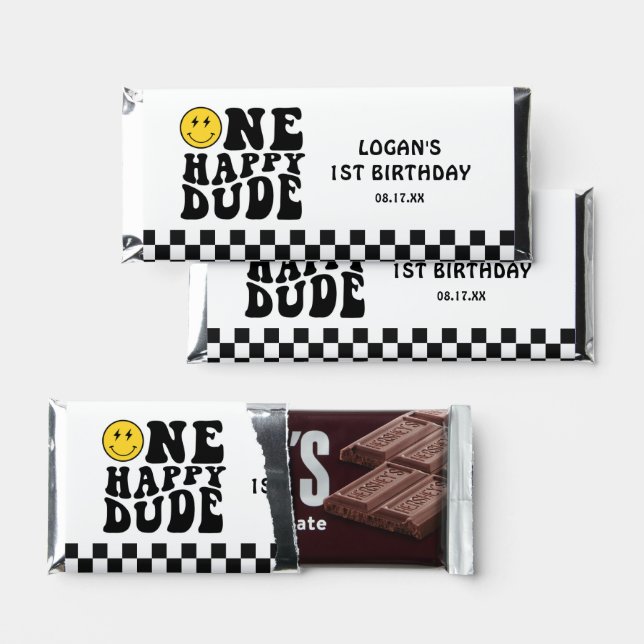 One Happy Dude Smile Face Boy First Birthday Hershey Bar Favors (Front)