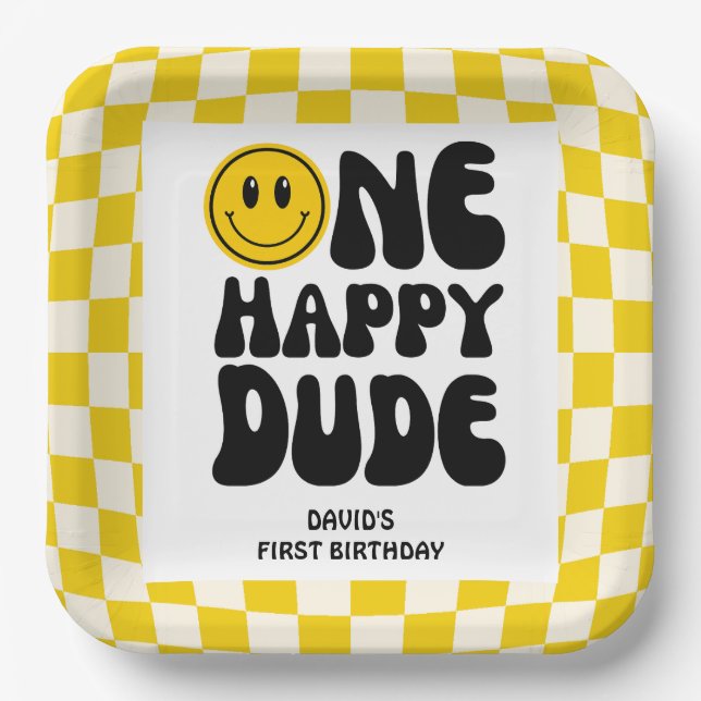 One Happy Dude Smile Face Boy First Birthday  Paper Plates (Front)