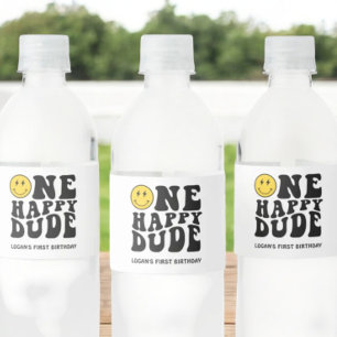 One Happy Dude Smile Face Boy First Birthday Water Bottle Label