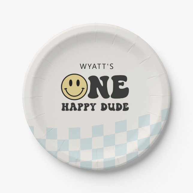 One Happy Dude Smile Face First Birthday Paper Plates (Front)