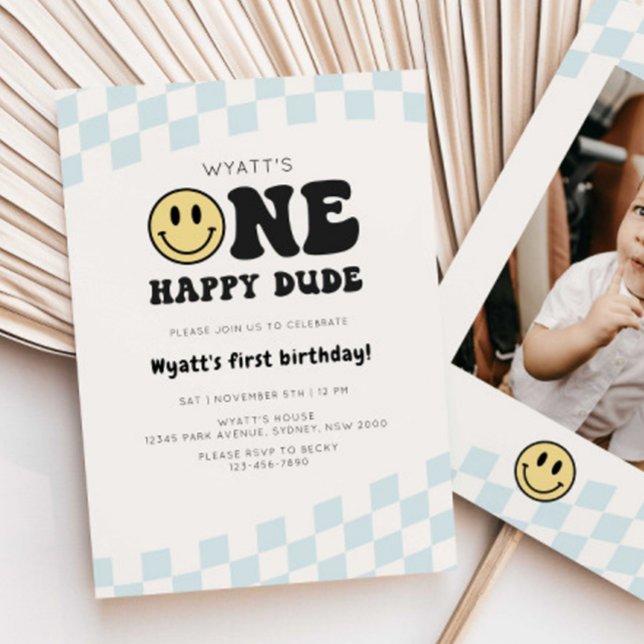 One Happy Dude Smiley Checker 1st Birthday Invitation (Creator Uploaded)