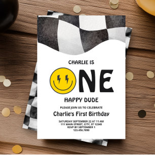 One Happy Dude Smiley Face First Birthday Party  Invitation