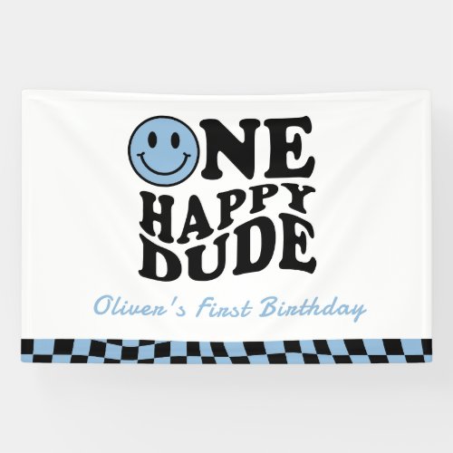 One Happy Dude Wavy Blue Smile Face 1st Birthday  Banner