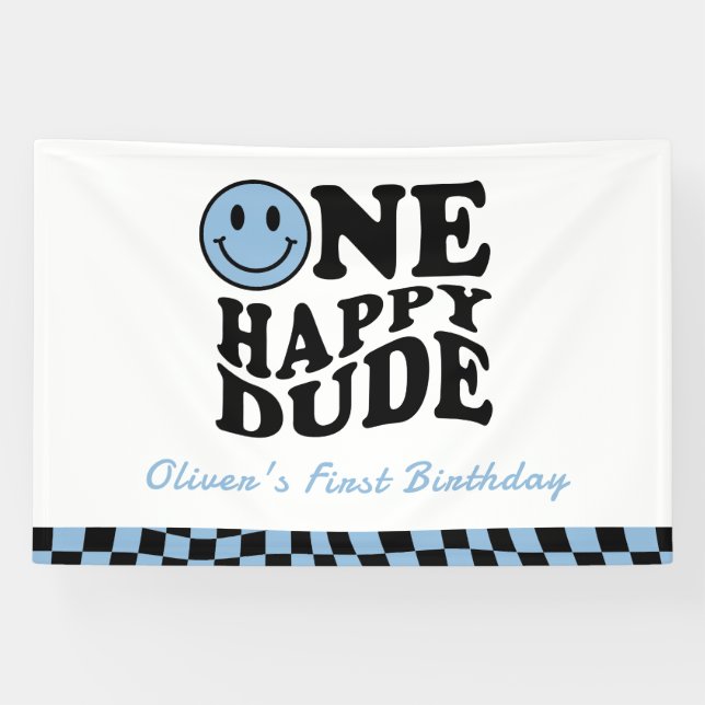 One Happy Dude Wavy Blue Smile Face 1st Birthday  Banner (Horizontal)